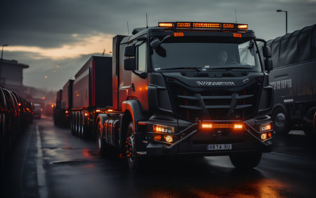Truck on the road at sunset. Freight transportation concept.の素材