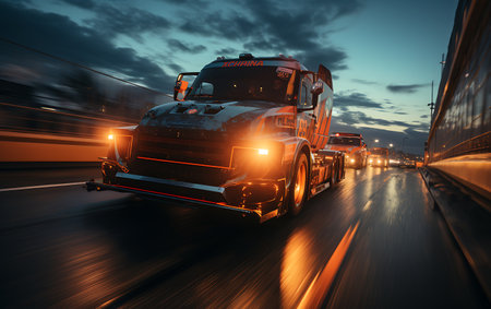 Truck on the road at sunset. Freight transportation concept.の素材