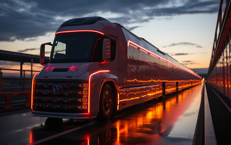 Truck on the road at night. Concept of logistics and transportation.の素材