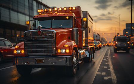 Truck on the road at night. Concept of logistics and transportation.の素材