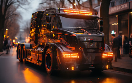 Truck on the road at sunset. Freight transportation concept.の素材