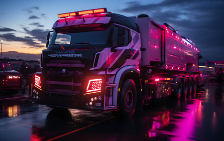 Truck on the road at sunset. Freight transportation concept.の素材