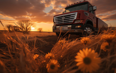 Truck on the road at sunset. Freight transportation concept.の素材