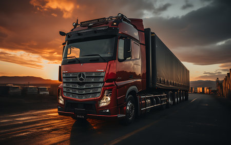 Truck on the road at sunset. Freight transportation concept.の素材
