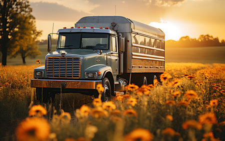 Truck on the road at sunset. Freight transportation concept.の素材