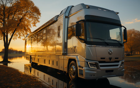 Truck on the road at sunset. Freight transportation concept.の素材