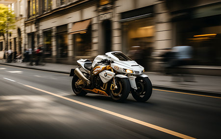 Racing speed futuristic motorcycle in the city at night.の素材