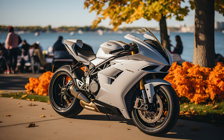 Racing speed futuristic motorcycle in the city at night.の素材