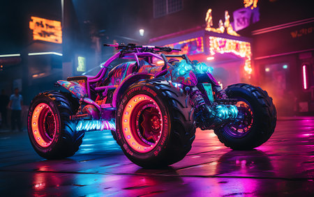 Racing speed futuristic motorcycle in the city at night.の素材