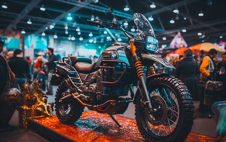 Racing mortorbike neon light backgroud. Race mortorcycle fast transportation.の素材