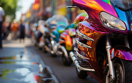 Racing mortorbike neon light backgroud. Race mortorcycle fast transportation.の素材