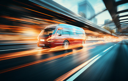 Racing speed futuristic motorcycle in the city at night.の素材