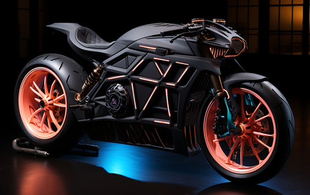 Racing mortorbike neon light backgroud. Race mortorcycle fast transportation.の素材