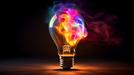 Incandescent light bulb with colorful paint splash. 3D illustration.の素材