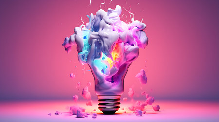 Incandescent light bulb with colorful paint splash. 3D illustration.の素材