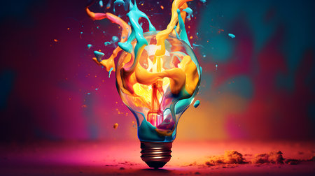 Incandescent light bulb with colorful paint splash. 3D illustration.の素材