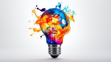 Incandescent light bulb with colorful paint splash. 3D illustration.の素材