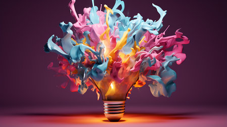 Incandescent light bulb with colorful paint splash. 3D illustration.の素材
