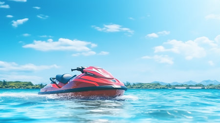 Jet ski in the sea at sunset. 3d render illustration.の素材