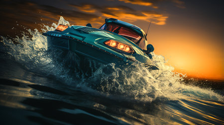 Jet ski in the sea at sunset. 3d render illustration.の素材