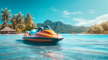 Jet ski in the sea at sunset. 3d render illustration.の素材
