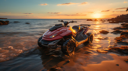 Jet ski in the sea at sunset. 3d render illustration.の素材