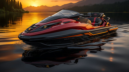 Jet ski in the sea at sunset. 3d render illustration.の素材