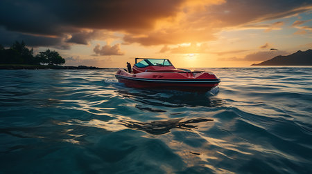Jet ski in the sea at sunset. 3d render illustration.の素材