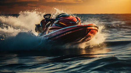Jet ski in the sea at sunset. 3d render illustration.の素材