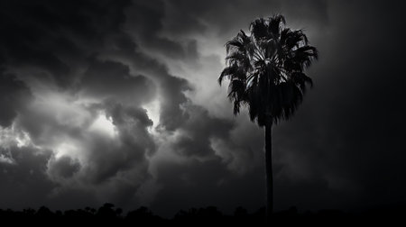 Silhouette of coconut palm trees against dark sky with clouds.の素材