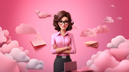 3d cartoon businesswoman happy working girl with copy spaceの素材