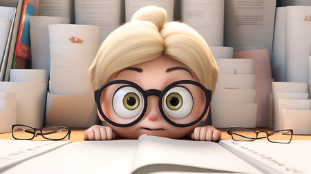 3d cartoon businesswoman happy working girl with copy spaceの素材
