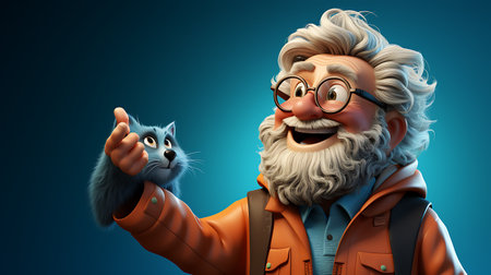 3d illustration of a senior man with a cat, isolated white backgroundの素材
