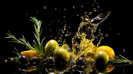 Olive oil splash with olives and olive branches on white backgroundの素材