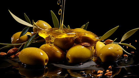 Olive oil splash with olives and olive branches on white backgroundの素材