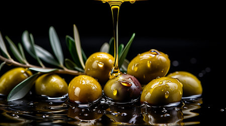 Olive oil splash with olives and olive branches on white backgroundの素材