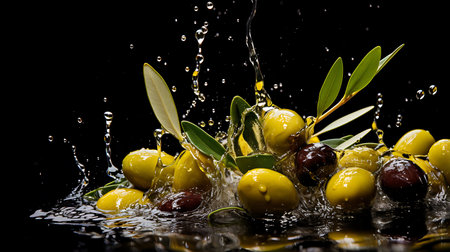 Olive oil splash with olives and olive branches on white backgroundの素材