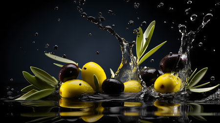 Olive oil splash with olives and olive branches on white backgroundの素材