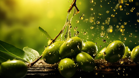 Olive oil splash with olives and olive branches on white backgroundの素材