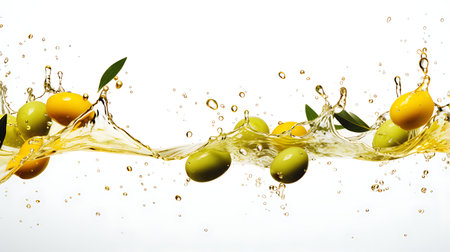 Olive oil splash with olives and olive branches on white backgroundの素材