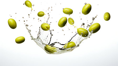 Olive oil splash with olives and olive branches on white backgroundの素材
