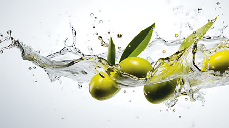 Olive oil splash with olives and olive branches on white backgroundの素材