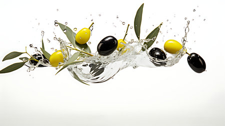 Olive oil splash with olives and olive branches on white backgroundの素材