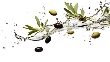 Olive oil splash with olives and olive branches on white backgroundの素材