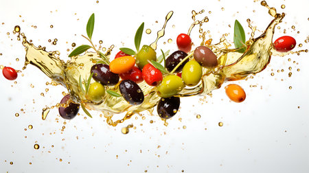Olive oil splash with olives and olive branches on white backgroundの素材