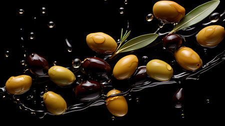 Olive oil splash with olives and olive branches on white backgroundの素材