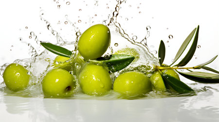 Olive oil splash with olives and olive branches on white backgroundの素材