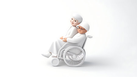 Elderly couple sitting in a wheelchair - 3D render illustrationの素材