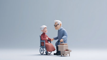 Cartoon couple in wheelchair background illustration.の素材