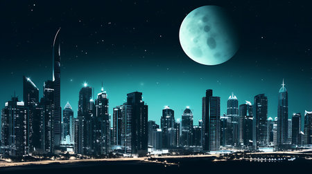 dubai city moon night illustration with all the building city panorama cityscape, horizon buildingsの素材